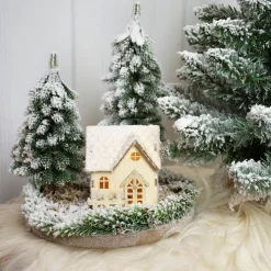 Besneeuwd huisje met led verlichting