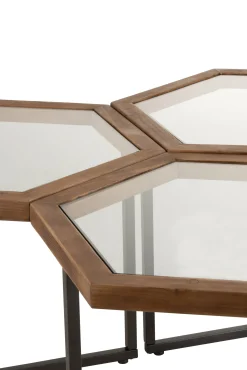 Bijzettafel hexagon glas/hout bruin