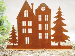 Huizen met bomen op basis, winterlandschap