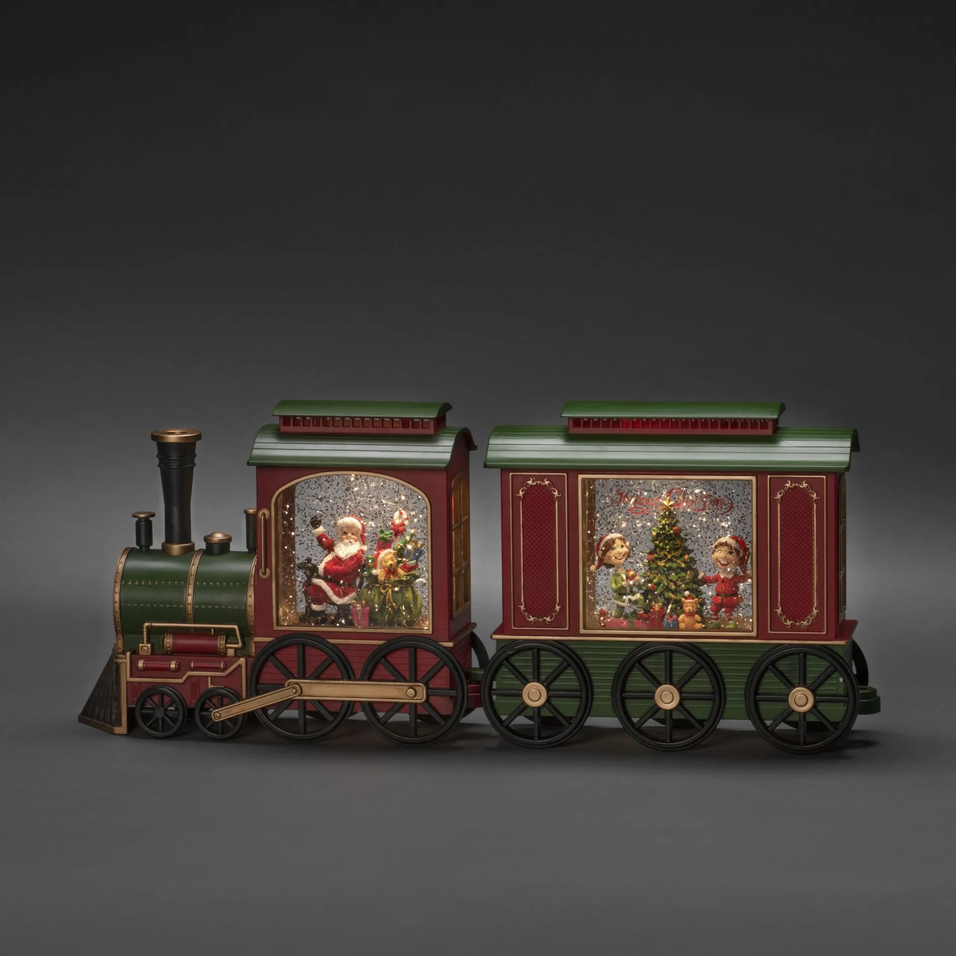 Led kerstlantaarn locomotief met kerstman en zak met kerstcadeaus