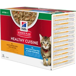 Natvoer voor katten hill's science plan healthy cuisine kitten stoofpotje met kip en toegevoegde groenten, met zalm en toegevoegde groenten multipack 12x80g
