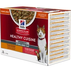 Natvoer voor katten hill's science plan healthy cuisine sterilised cat adult stoofpotje met kip en toegevoegde groenten, met zalm en toegevoegde groenten multipack 12x80g