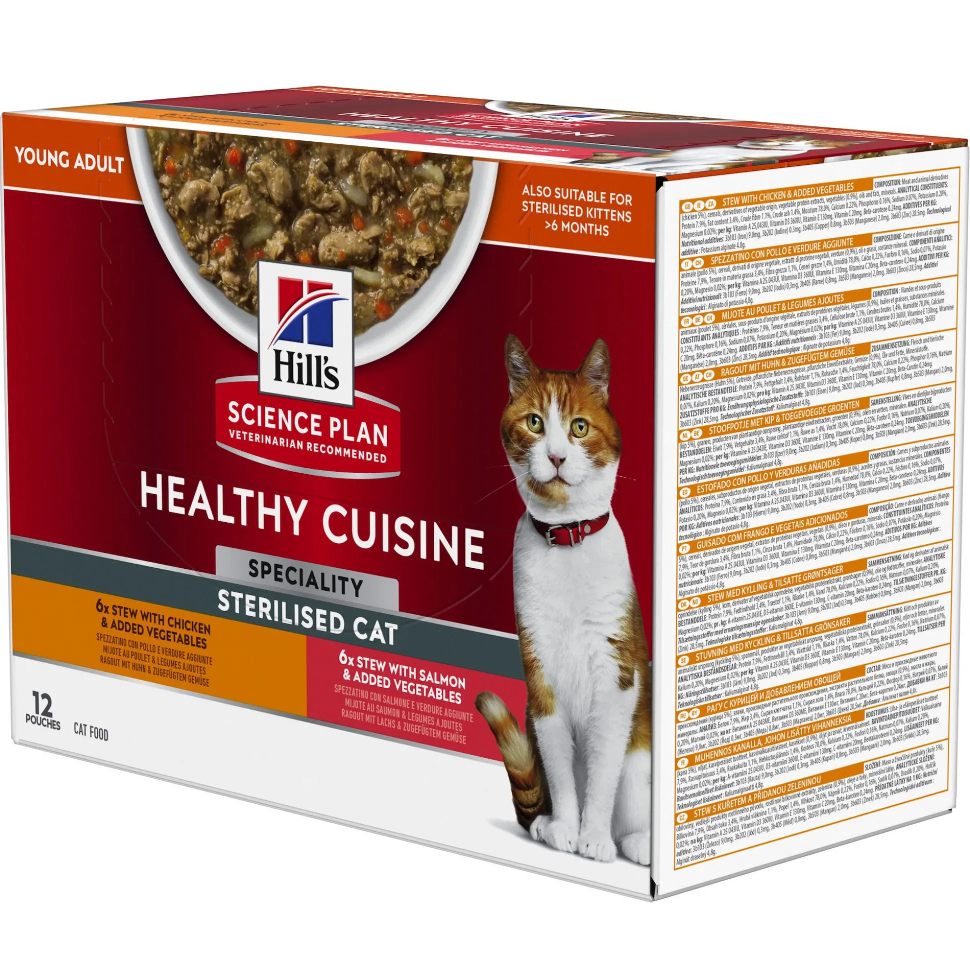 Natvoer voor katten hill's science plan healthy cuisine sterilised cat adult stoofpotje met kip en toegevoegde groenten, met zalm en toegevoegde groenten multipack 12x80g